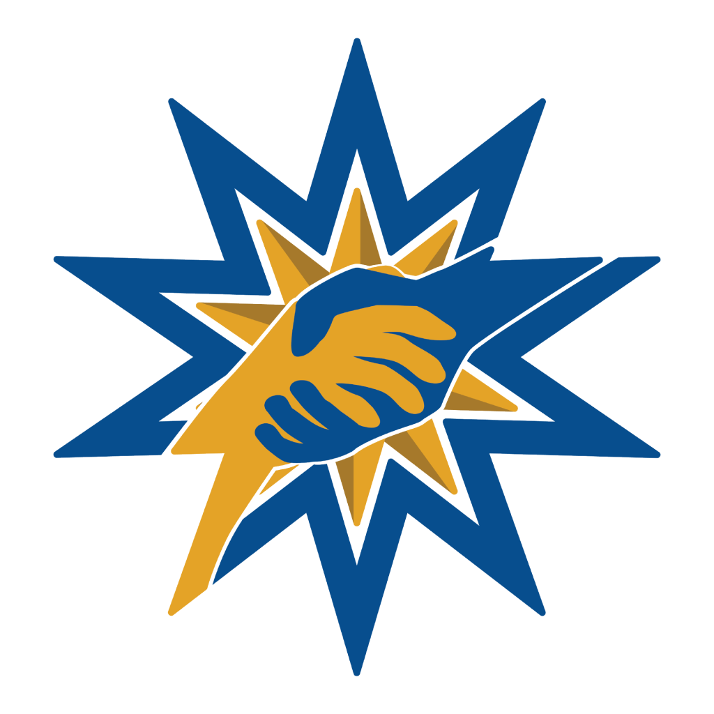 Disability at Massey logo with two hands embracing against a ten point star in Massey's blue and gold colours.