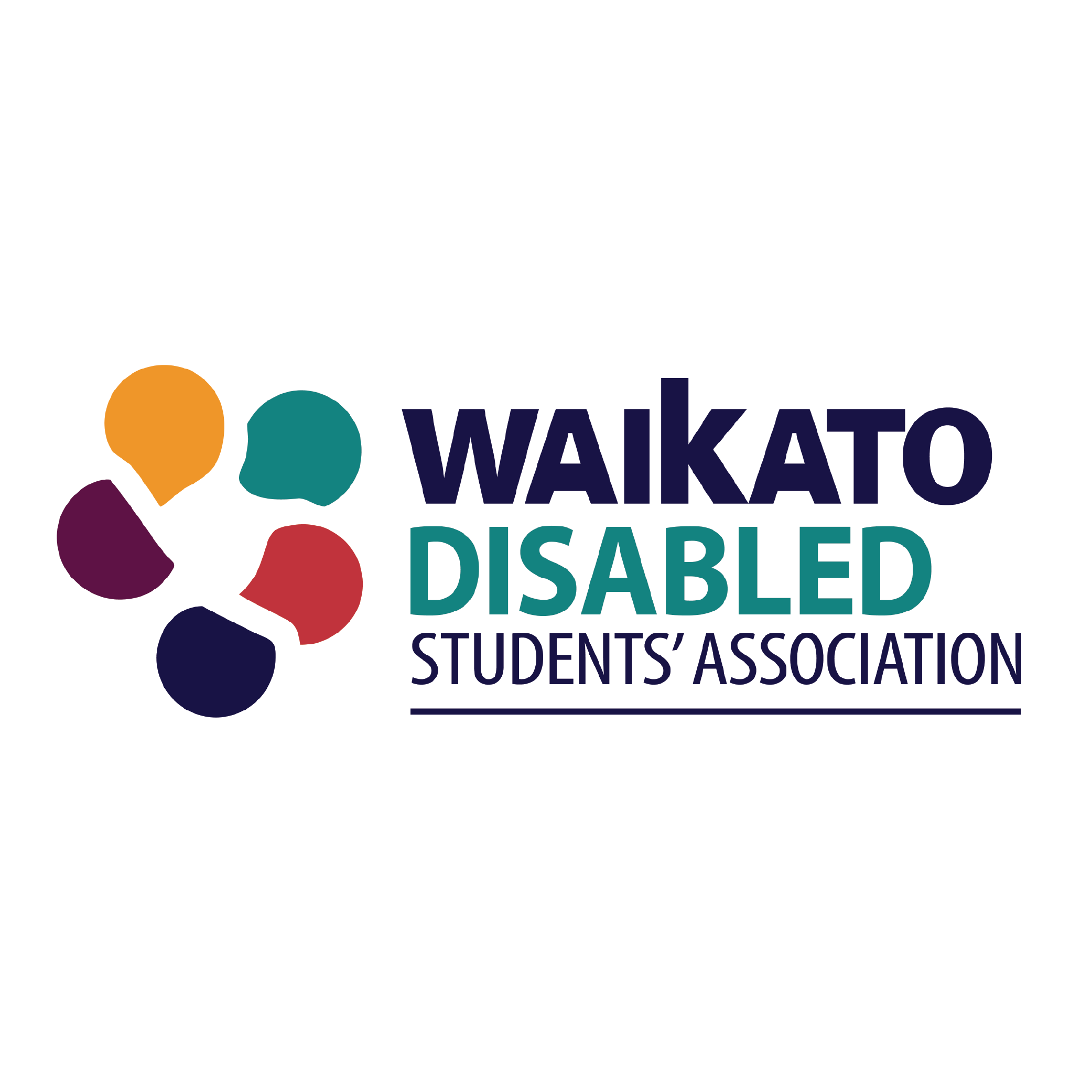 Waikato Disabled Students' Association logo, with five differently coloured shapes in a circle