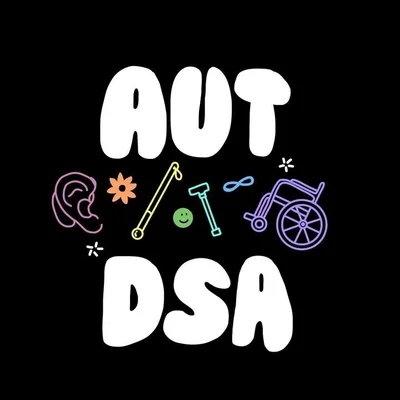 Auckland University of Technology Disabled Students' Association logo with a range of different colourful symbols for disabilities